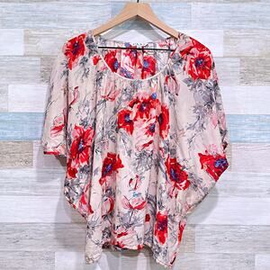 Cabi 100% Silk Gypsy Floral Dolman Blouse Beige Red Batwing Oversized Womens XS